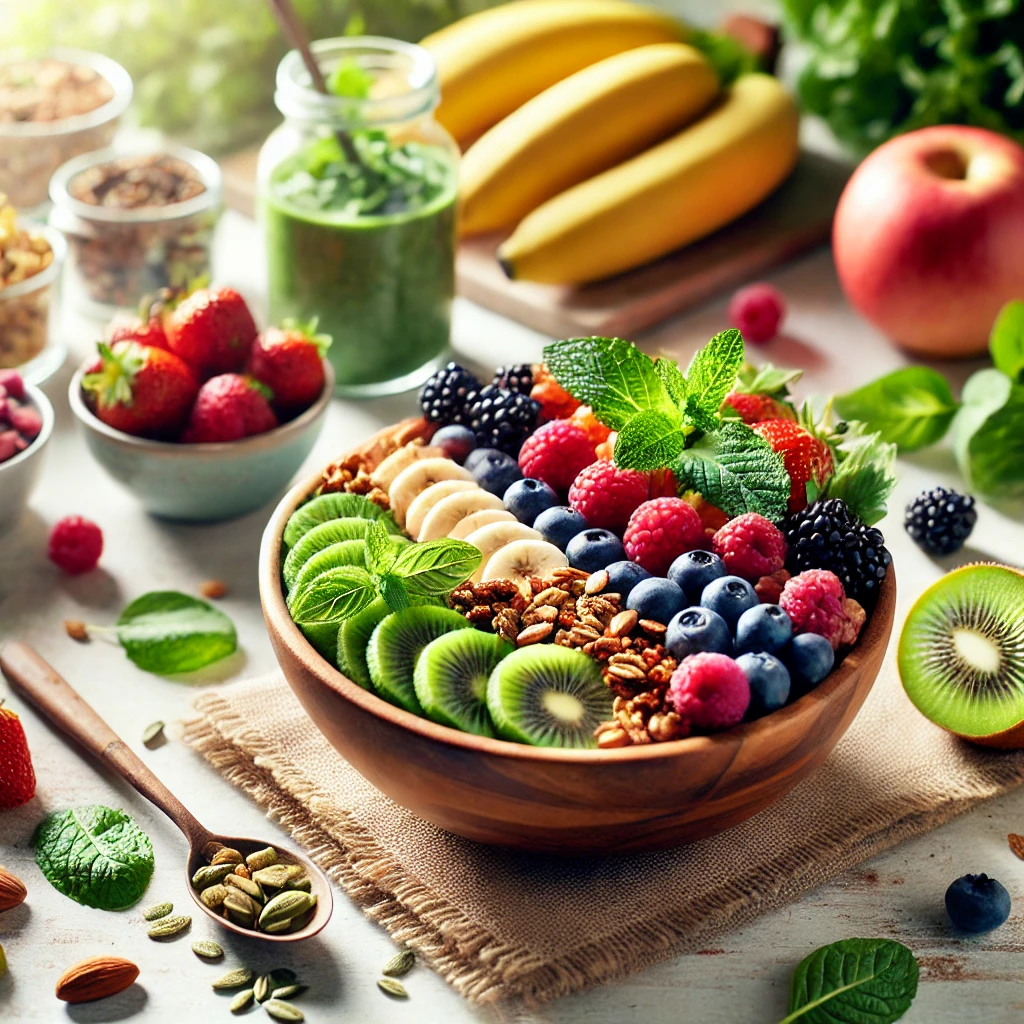 DALL·E 2024-11-03 22.11.38 - A beautifully arranged scene of health foods on a clean wooden table, featuring vibrant fruits, leafy greens, nuts, and seeds. In the center, a colorf